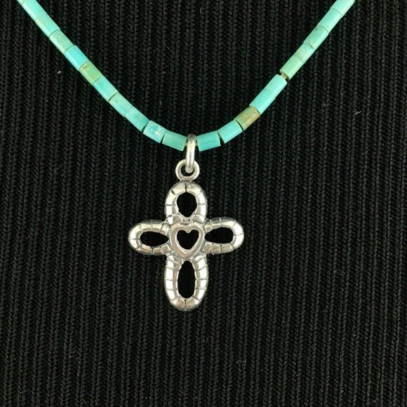 SOUTHWEST turquoise heishi bead necklace w/ sterling silver heart cross pendant - Picture 1 of 7